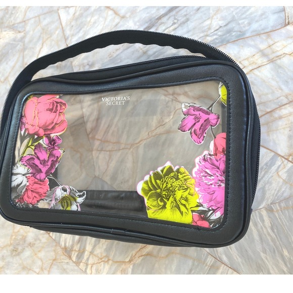 Victoria's Secret Handbags - Victorias Secret Floral Clear Makeup Bag Black Trim Travel Cosmetic Pouch